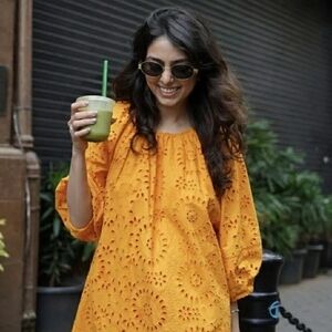 Zara ZW Collection Tangerine Cotton Embroidered Short Dress Size SMALL